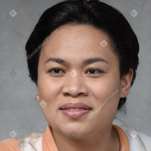 Joyful asian young-adult female with short  black hair and brown eyes