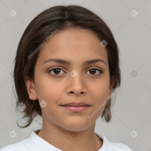 Joyful white child female with medium  brown hair and brown eyes