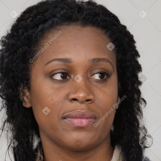 Joyful black young-adult female with long  brown hair and brown eyes