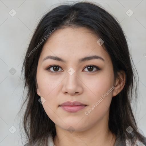 Neutral asian young-adult female with medium  brown hair and brown eyes