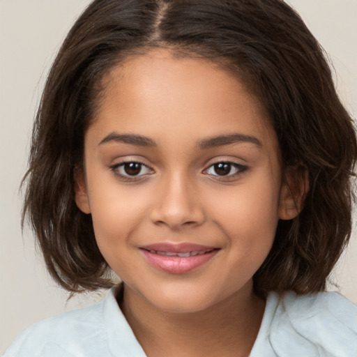 Joyful white child female with medium  brown hair and brown eyes