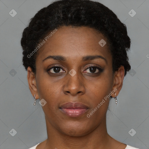 Neutral black young-adult female with short  black hair and brown eyes