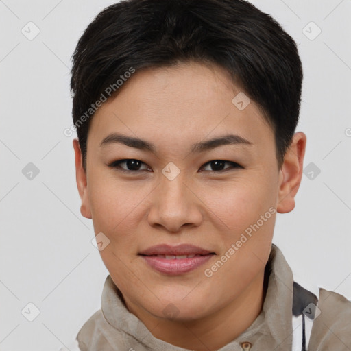 Joyful asian young-adult female with short  brown hair and brown eyes