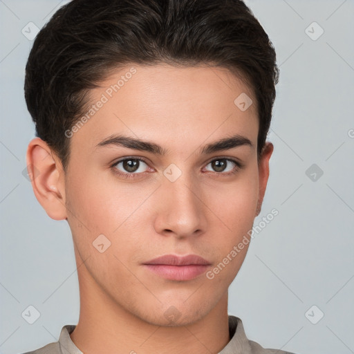 Neutral white young-adult male with short  brown hair and brown eyes