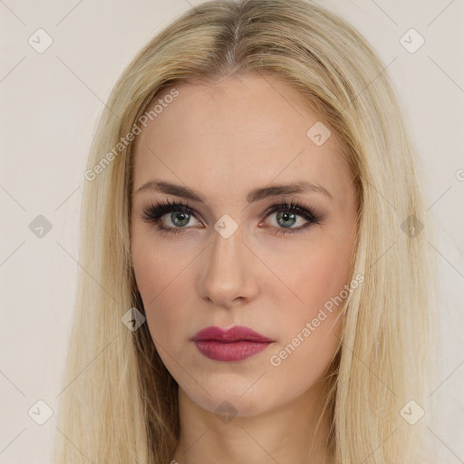 Neutral white young-adult female with long  brown hair and brown eyes