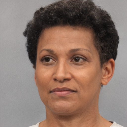 Neutral black adult female with short  brown hair and brown eyes