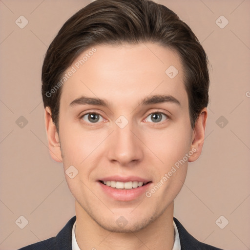 Joyful white young-adult male with short  brown hair and brown eyes