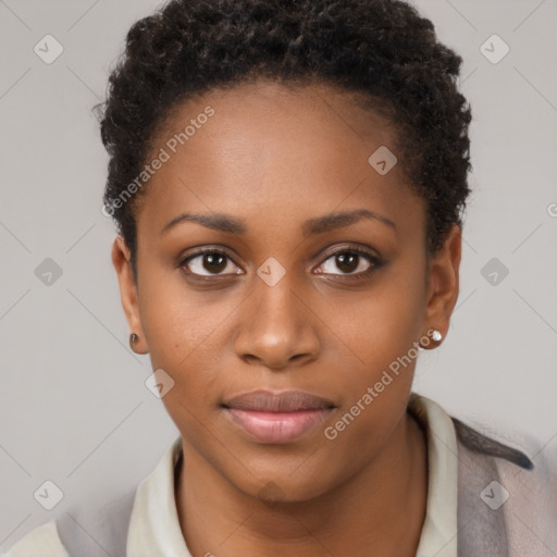 Neutral black young-adult female with short  brown hair and brown eyes