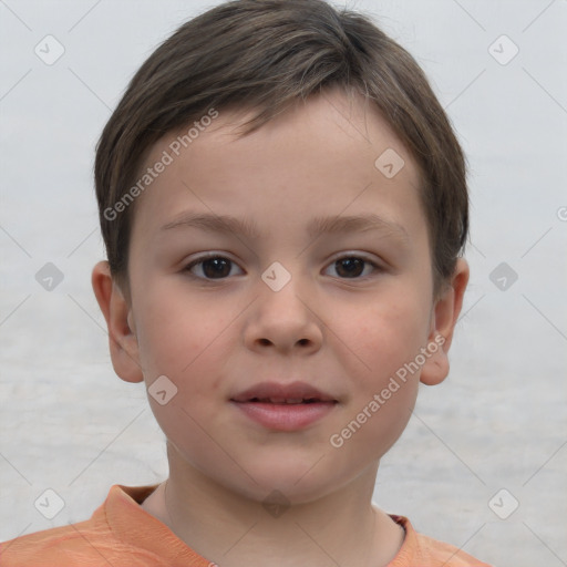 Joyful white child female with short  brown hair and brown eyes