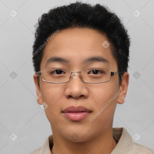 Joyful latino young-adult male with short  brown hair and brown eyes