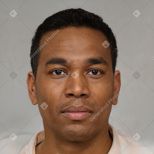 Neutral black young-adult male with short  black hair and brown eyes