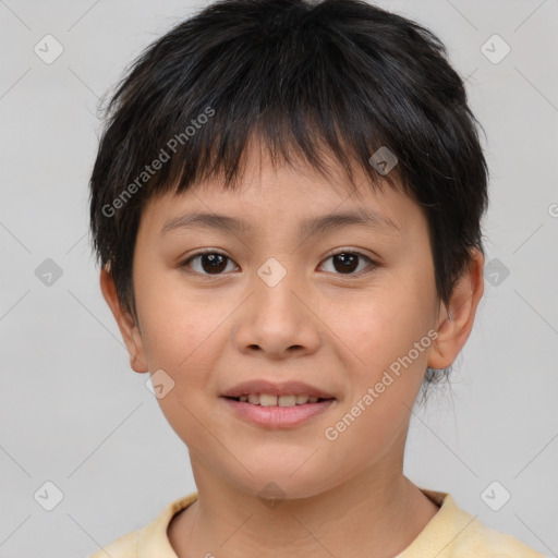 Joyful white child female with short  brown hair and brown eyes