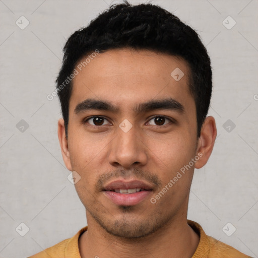 Neutral latino young-adult male with short  black hair and brown eyes