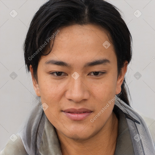 Joyful asian young-adult female with medium  brown hair and brown eyes