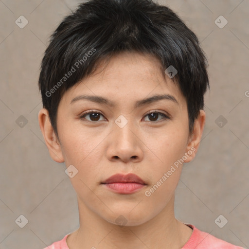 Neutral asian young-adult female with short  brown hair and brown eyes