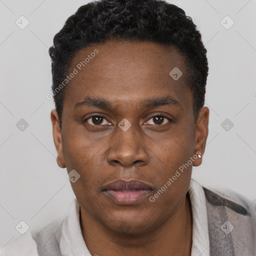 Neutral black young-adult male with short  black hair and brown eyes