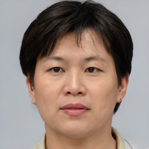 Joyful asian young-adult female with short  brown hair and brown eyes