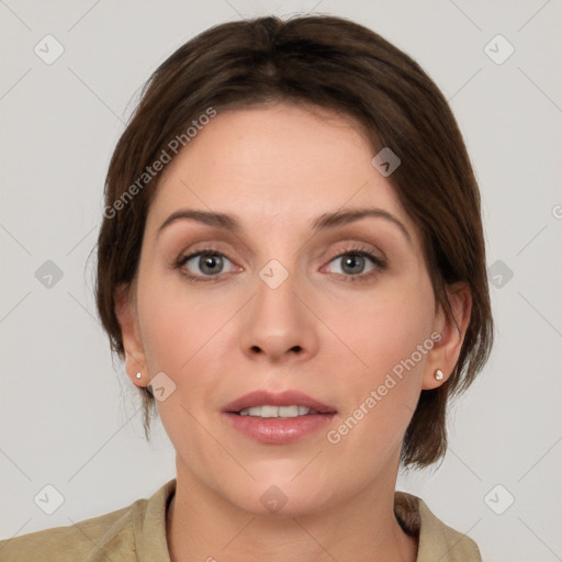 Neutral white young-adult female with medium  brown hair and grey eyes