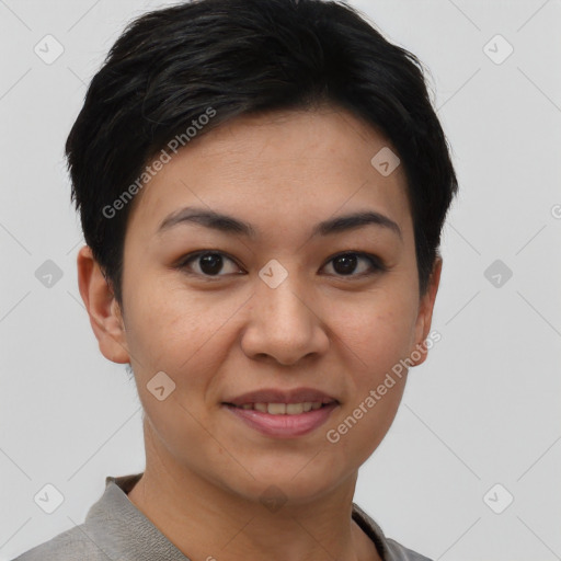 Joyful asian young-adult female with short  brown hair and brown eyes