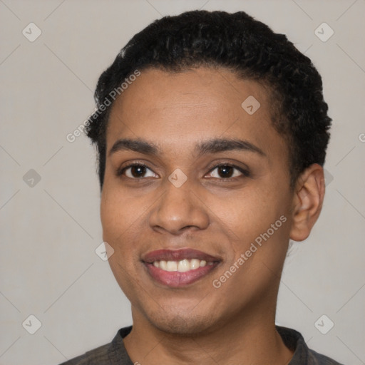 Joyful latino young-adult female with short  black hair and brown eyes