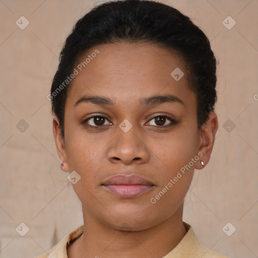 Neutral black young-adult female with short  brown hair and brown eyes