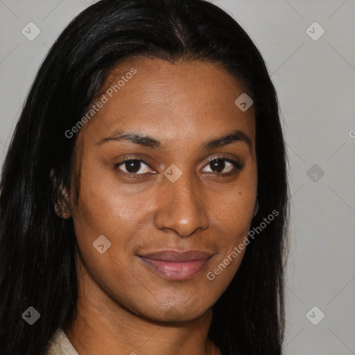 Joyful asian young-adult female with long  brown hair and brown eyes