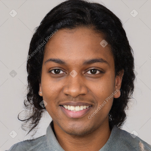 Joyful black young-adult female with medium  black hair and brown eyes