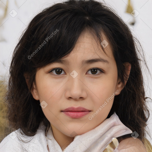 Joyful white child female with medium  brown hair and brown eyes