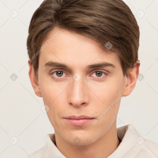 Neutral white young-adult male with short  brown hair and brown eyes