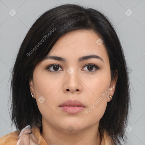 Neutral asian young-adult female with medium  brown hair and brown eyes