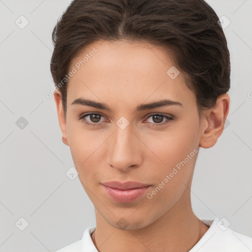 Neutral white young-adult female with short  brown hair and brown eyes