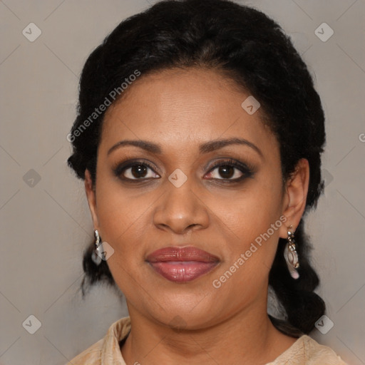 Joyful black young-adult female with medium  black hair and brown eyes
