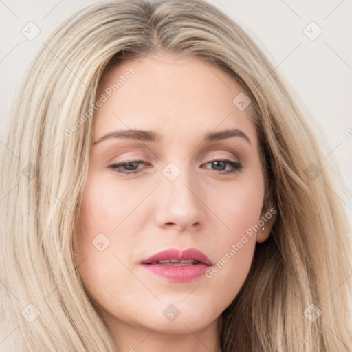 Joyful white young-adult female with long  brown hair and blue eyes