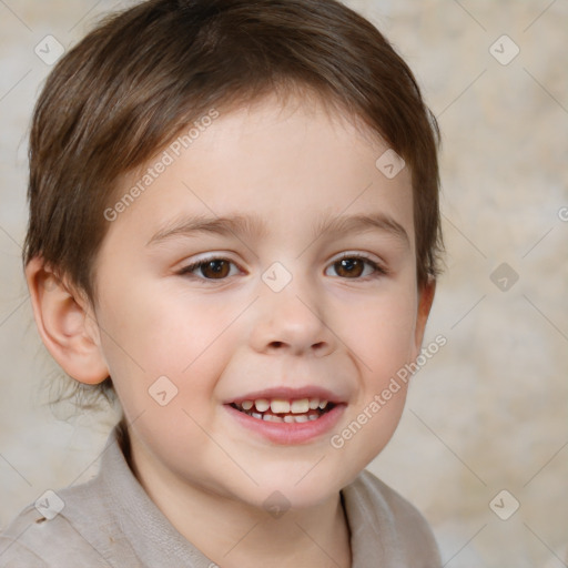 Joyful white child female with short  brown hair and brown eyes