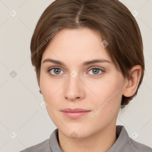 Neutral white young-adult female with short  brown hair and brown eyes