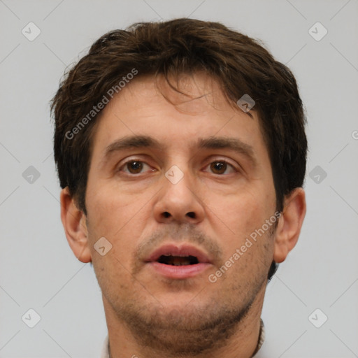 Neutral white adult male with short  brown hair and brown eyes