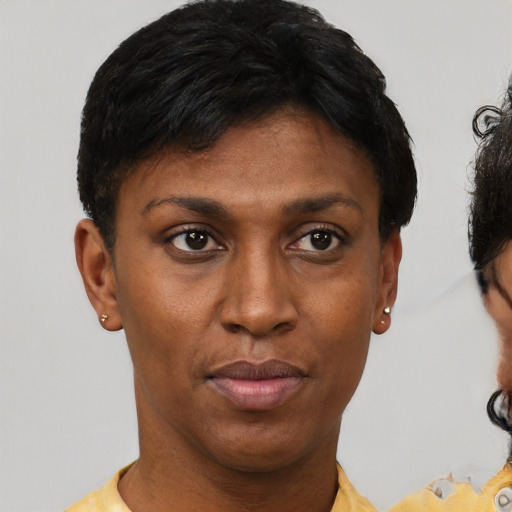 Neutral black young-adult female with short  black hair and brown eyes
