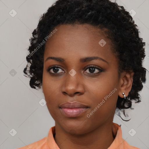 Neutral black young-adult female with short  black hair and brown eyes