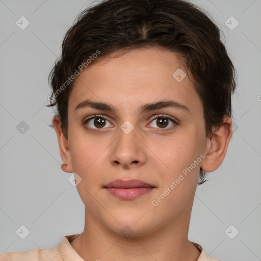 Neutral white young-adult female with short  brown hair and brown eyes