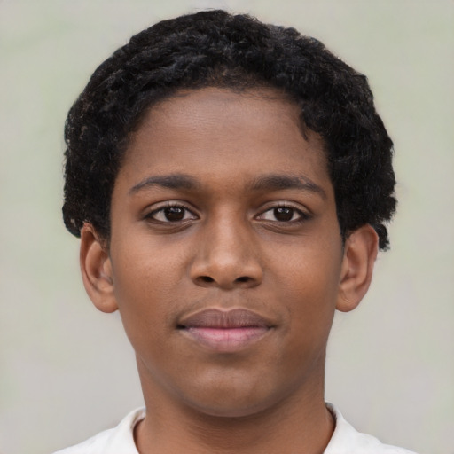 Neutral black young-adult female with short  black hair and brown eyes