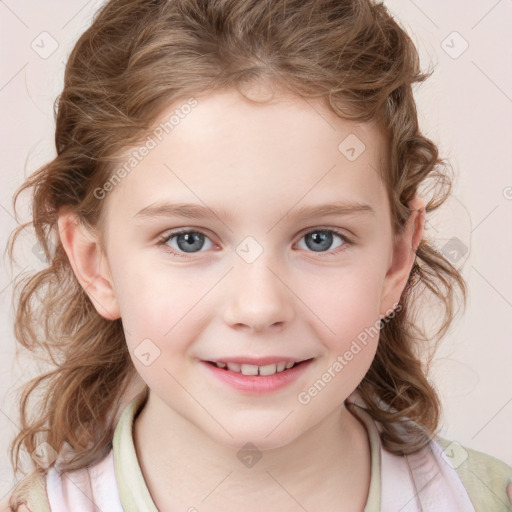 Joyful white child female with medium  brown hair and blue eyes