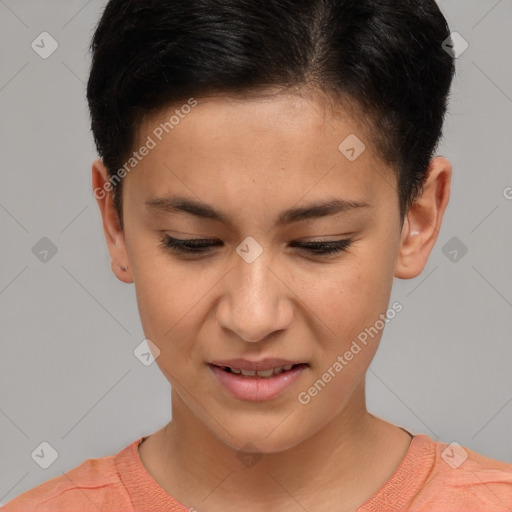 Joyful white young-adult female with short  brown hair and brown eyes