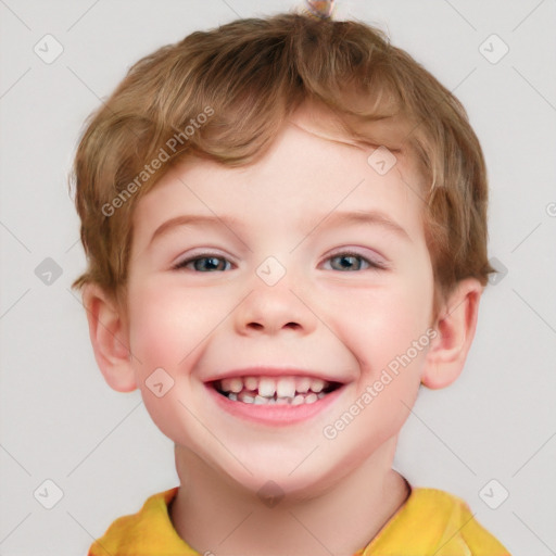 Joyful white child male with short  brown hair and brown eyes