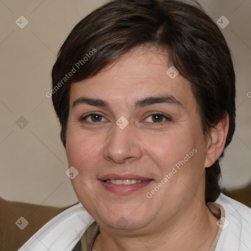 Joyful white adult female with medium  brown hair and brown eyes