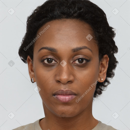 Neutral black young-adult female with short  black hair and brown eyes