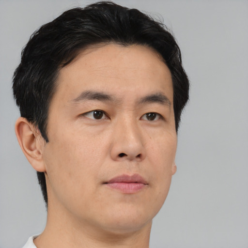 Neutral asian adult male with short  brown hair and brown eyes