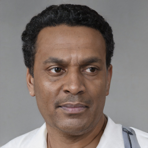 Neutral black adult male with short  black hair and brown eyes