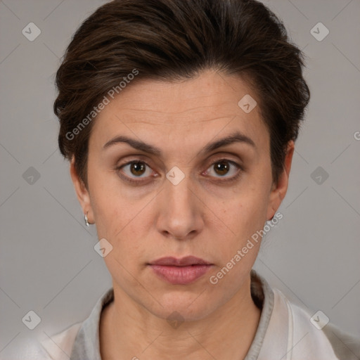 Neutral white adult female with short  brown hair and brown eyes