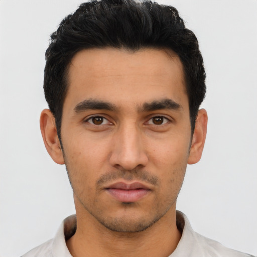 Neutral asian young-adult male with short  black hair and brown eyes