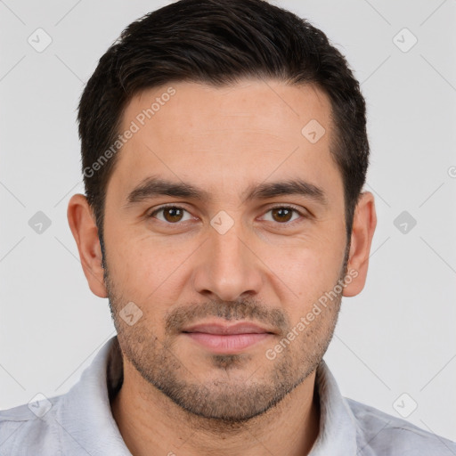 Joyful white young-adult male with short  brown hair and brown eyes